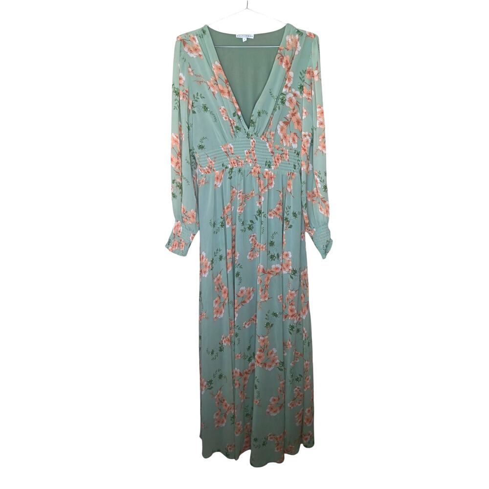 Baltic Born Olivia Maxi Dress L Sage Peach Floral Chiffon Smocked Wedding - Picture 3 of 16